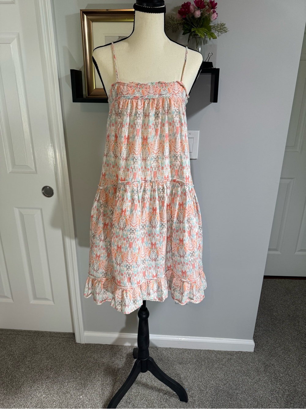 Anthropologie Peach & Mint Printed Tiered A-Line Dress